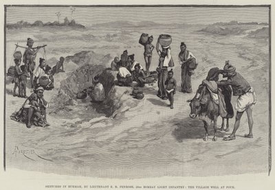 Croquis en Birmanie, par le lieutenant E R Penrose, 23e infanterie légère de Bombay, le puits du village à Pouk - Amedee Forestier